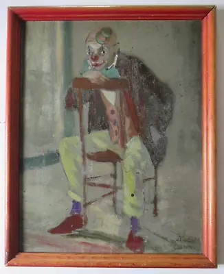 Antique Vintage Seated Clown Portrait Oil Painting Signed Framed • £145