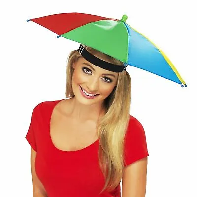 Adults Novelty Umbrella Hat Waterproof Rainbow Fishing Brolly Fancy Dress Rain • £7.83