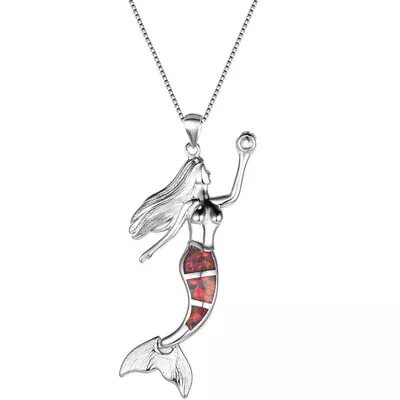 Simple Design Red Simulated Opal Mermaid Pendant Silver Necklace Jewelry  • $0.40