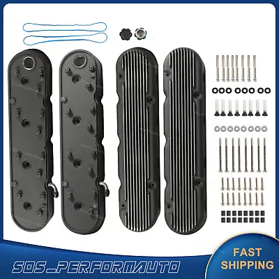 2pc Chevy LS  Finned Vintage Hidden Coil Aluminum Valve Cover  Black Look • $154.05