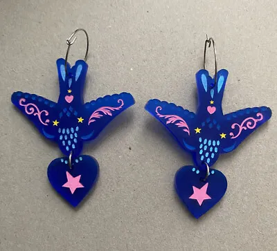 Blue Bird Laser Cut Acrylic Earrings Handmade And Hand Painted With Heart Charm • $32
