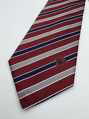 VERSACE Men's Red Blue Silver Tie Made In Italy 100% Silk Medusa Head Striped • $34.95