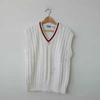 VINTAGE FILA Sweater Mens Medium White Cotton Cable Knit Vest Cricket Tennis • $68.88