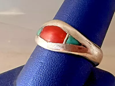 Vintage Zuni Turquoise Coral Inlay Sterling Silver Mens Ring Size 11 • $66.60