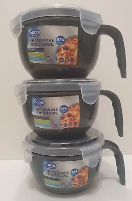 3 X Addis Microwave Food Bowl With Lids Grey New Air Liquid Tight Locking Lid • £13.99