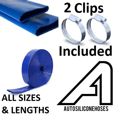 Blue Pvc Layflat Hose & With 2 Hose Clips  Pump Irrigation Lay Flat  Pipe • £245.78