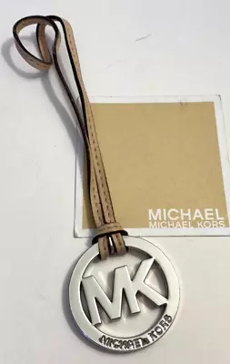 Michael Kors Tan Leather Strap Silver-Tone MK Logo Hardware Tag Charm • $9.95