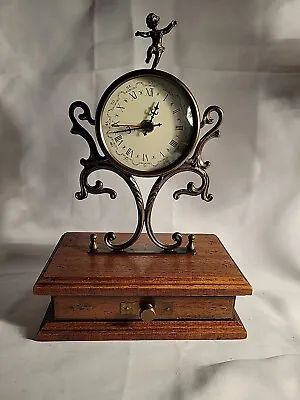 Vintage Brass Cherub Mantel Clock Wood Base With Drawer Made In Italy  • $50