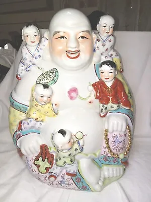 Large Vintage Chinese Porcelain Laughing Buddha With 5 Children Statue13 X10 X7  • £256.54