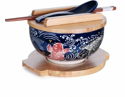 $32.99 • Buy Japanese Kamameshi Rice Noodle Bowl Set Bamboo Lid Trivet (Koi Fish Design)