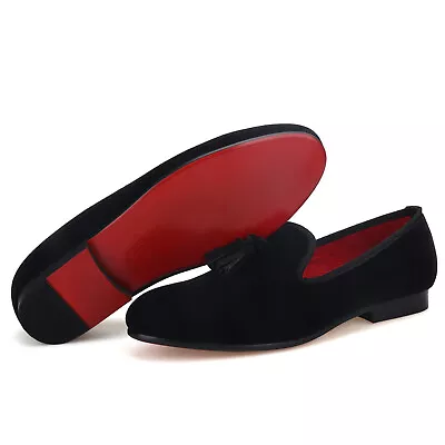 FERUCCI Men Plain Black Velvet  Slippers Loafers With Tassel Wedding Prom • $139.99