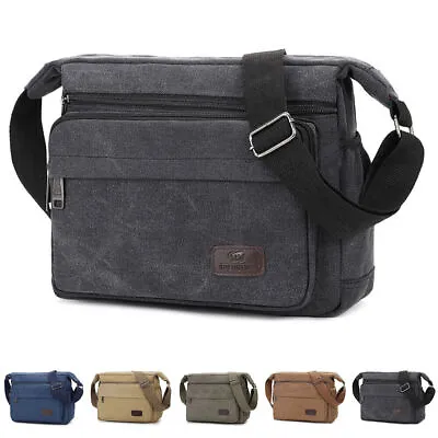 Mens Messenger Shoulder Bag Multi Pocket Canvas Crossbody Bag Travel Bag Satchel • £11.58