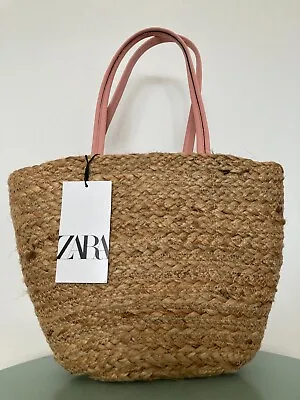 ZARA RAFFIA Small  JUTE TOTE BAG Pink Straps Summer Beach NEW • £18.99