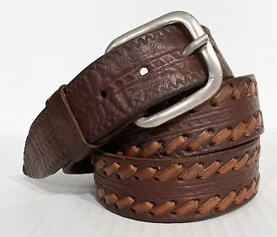 Vintage Tooled Brown Leather Belt Stitched Distressed South Western Boho Cowgirl • $19.99