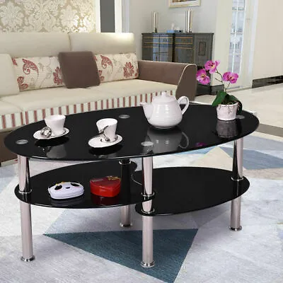 Tempered Glass Oval Side Coffee Table Shelf Chrome Base Living Room Black • $79.99