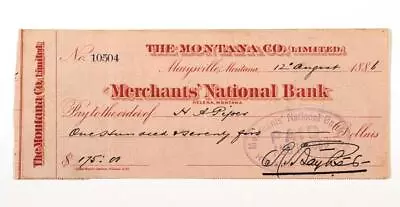 1886 Merchant's National Bank Marysville Montana Check  The Montana Co Limited  • $14.95