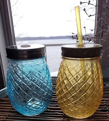 PINEAPPLE Mason Jar Drinking GLASSES Tumblers Lot Of 2 12oz Lid YELLOW BLUE • $7.99