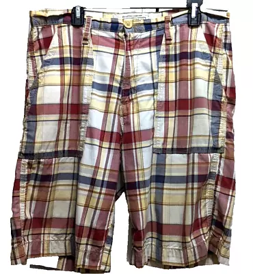 Nautica Madras Plaid Shorts Classic Fit Chino Men's 34x10 Flat Front Blue Red • $17.97