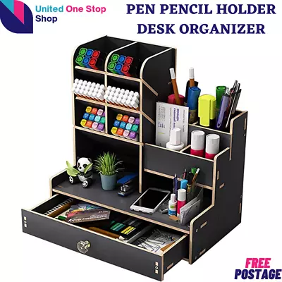 £12.19 • Buy Wooden Pen Pencil Storage Holder Office Study Desk Organizer Table Box Tidy Case