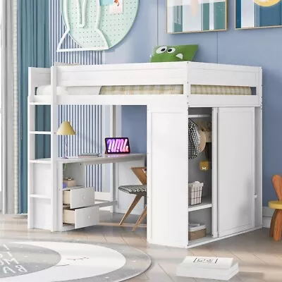 Wood Full Size Loft Bed With Wardrobes And 2Drawer Desk With Cabinet US Stock • $722.23