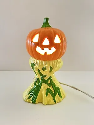 Vintage Halloween Hand Painted PUMPKIN On Corn Stalks Table Window Lamp 1985 • $22