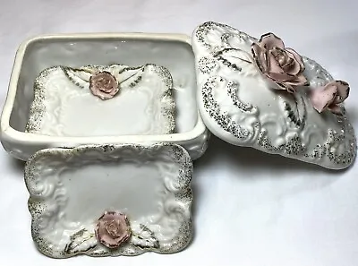 Vintage Lipper And Mann White Pink Roses Cigarette Box Set W Removable Ashtrays • $12.99