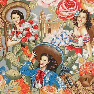 £8.50 • Buy Alexander Henry LAS SENORITAS Mexican Pin-Up Girl Fabric - Antique