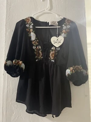 $29.75 • Buy VAVA By Joy Han.Black Blouse With 3/4 Sleeve Flower Embroidery.Size S
