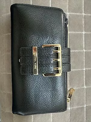 Michael Kors Black Leather Trifold Wallet With Gold Buckle EUC • $18.49