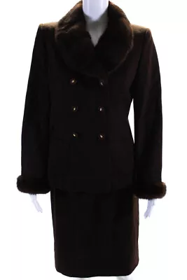 Morabito Womens Double Breasted Mink Fur Collar Skirt Suit Brown Wool Size IT 40 • $79.99