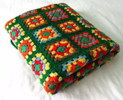 Vintage Crochet Granny Square Afghan Throw Green Multi Color GUC 150 Squares • $60