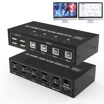 Dual Monitor 4 Computers KVM Switch HDMI 4 Port 4K@60Hz 4 In 2 USB KVM Switcher • $106.70