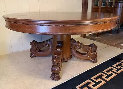 Antique Oak 60  Round Dining Table With Lion Heads And 9 Original Leaves • $4750