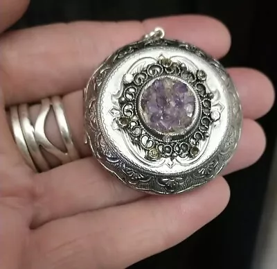 Vintage Silver Tone Amethyst Chip Large Round Ornate  Locket Pendant  • $9.56