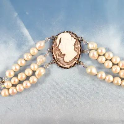 Vintage Sterling Silver Shell Cameo Bracelet Mayan Aztec Head Baroque Pearls • $59.99