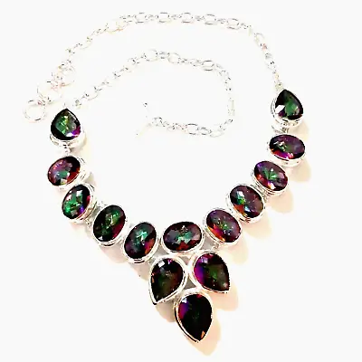 Vintage 925 Sterling Silver Mystic Topaz Quartz Statement Necklace • $64.39