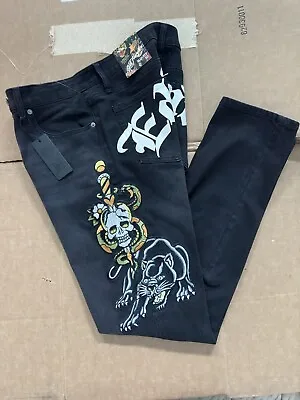Ed Hardy Jeans Mens 30 Slim Fit Black Embroidered Skull Snake Panther 30x32 New • $59.99