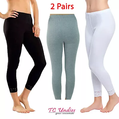 *REDUCED** 2 Pairs Of Women`s Plus Size Leggings Cotton Long Lace Trim • £12.99