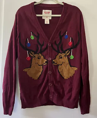 Mossimo Size Medium Raindeer Novelty Ugly Christmas Sweater Burgundy Cardigan • $12.46
