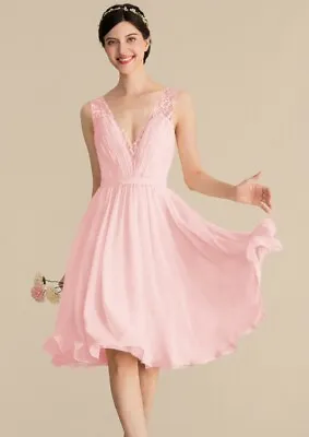 V-neck Knee-Length Chiffon Pink Lace Bridesmaid Dress With Ruffle Size 10 New • £25