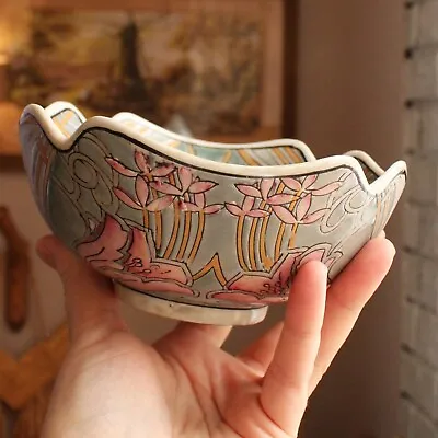 Vintage Hand Painted Muted Pastel Floral Scallop Macau Decorative Bowl Dish. • $24