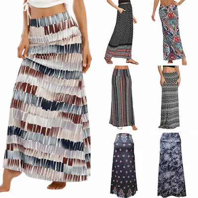 Boho Long Maxi Dress Summer Beach Holiday Party Casual Elastic Waist Skirt Women • $16.05