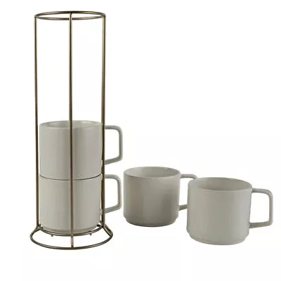 Modern Dot 4 Piece 16 Oz Stoneware Mug Set With Rack White • $18.89