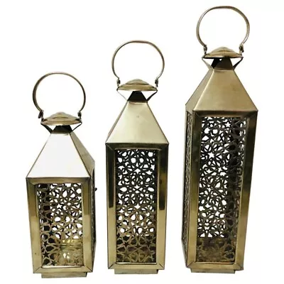 Moroccan Candle Lantern Holder White Brass In Arabesque Design Set Of Three • $375