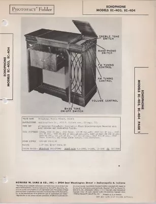 1947 ECHOPHONE EC-403 404 Photofact CONSOLE PHONOGRAPH SCHEMATIC  SERVICE MANUAL • $10.99