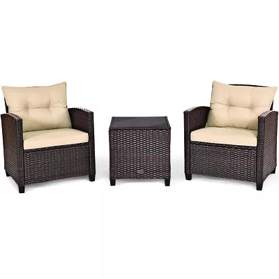 Patiojoy Rattan Furniture Set 3PCS Sofa W/ Cushion Coffee Table Garden Beige • $189.49