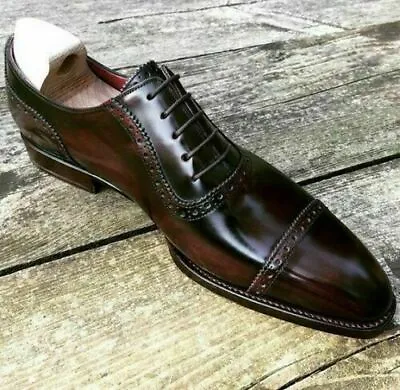 Mens Genuine Brown Leather Oxford Cap Toe Lace Up Dress Formal Shoes Handmade • £145