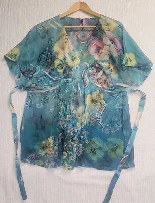 Mushka By Sienna Rose Top Womens XL Tie-Back Sheer VNeck Boho Rhinestones Floral • $14.97