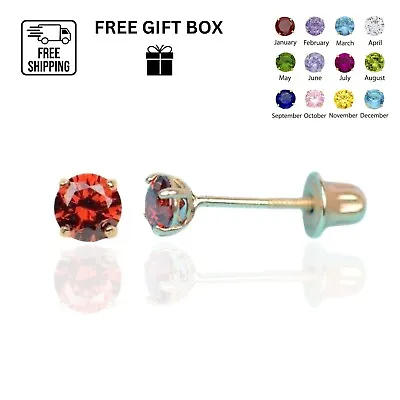 14K Solid Yellow Gold 3mm Round Birthstone Stud Earrings With Screw Back • $35.04