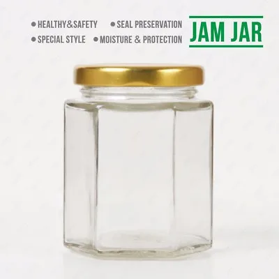 72x196ml (7oz Approx) Hexagonal Jam Jars Storage Preserve Pickles Mini Jars Lid • £38.99